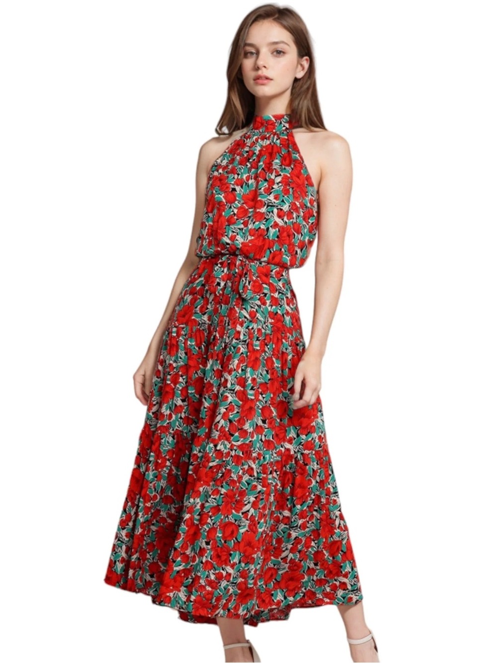 Bohochic Garden Party Red Floral Halter Maxi Summer Dress Size S/M